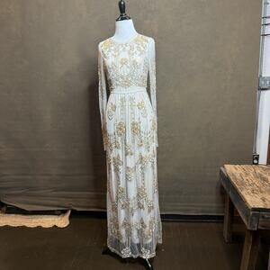 Needle & Thread Ivory Gold Embellished Tulle Gown, Size 4 (UK 8/36), Excellent